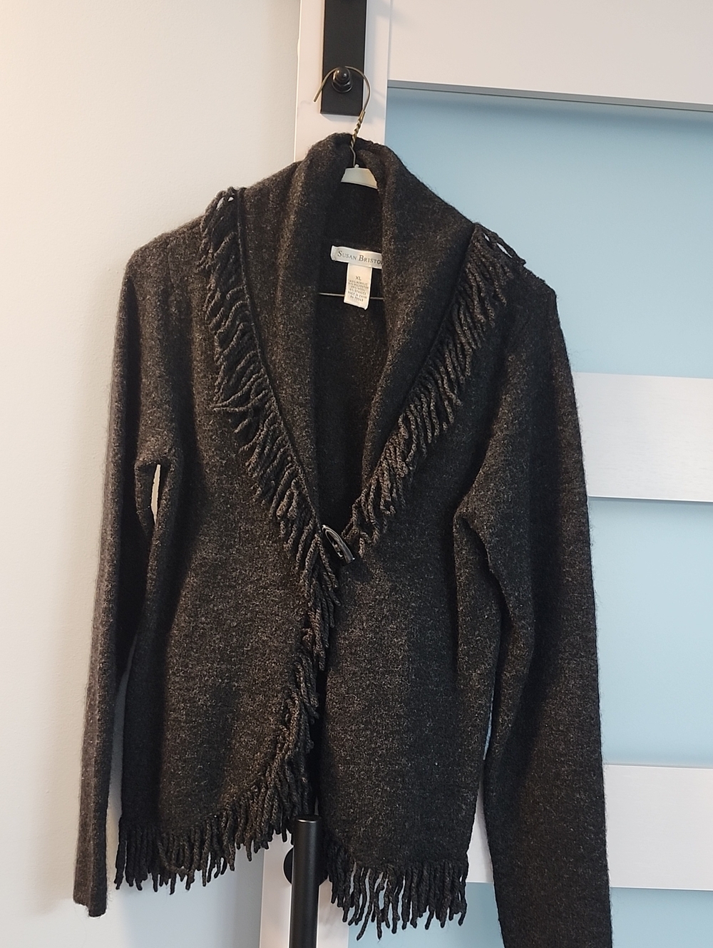 Susan Bristol Charcoal Fringe Shawl-Collar Cardigan